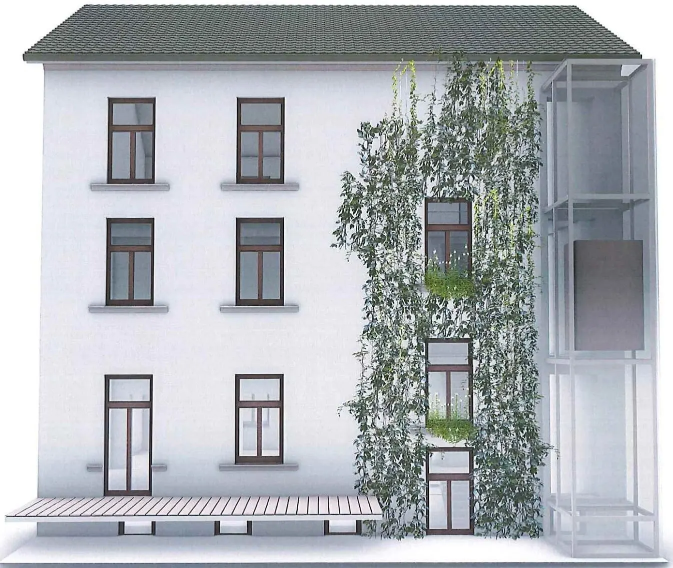 Courtyard façade — green wall and glazed atrium