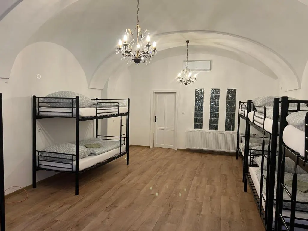 Smaller dorm with a vault, chandelier and glass-block lighting — historic detail meets modern comfort.