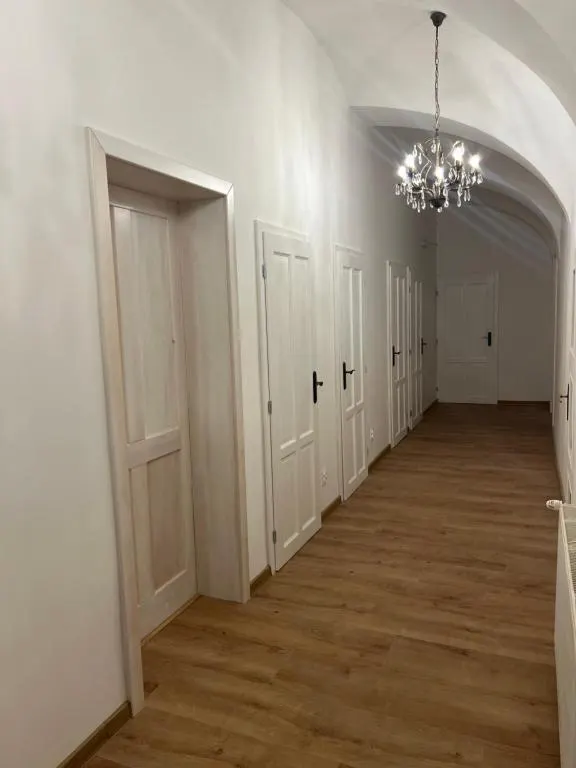 Central corridor with a vaulted ceiling and period doors — sensitive restoration of the historic layout.