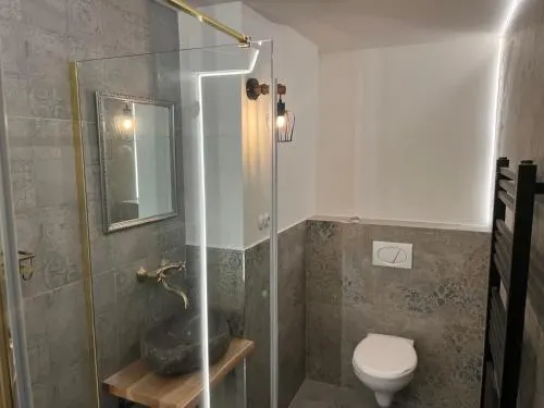 Glass-walled shower — a modern standard inside a historic building.